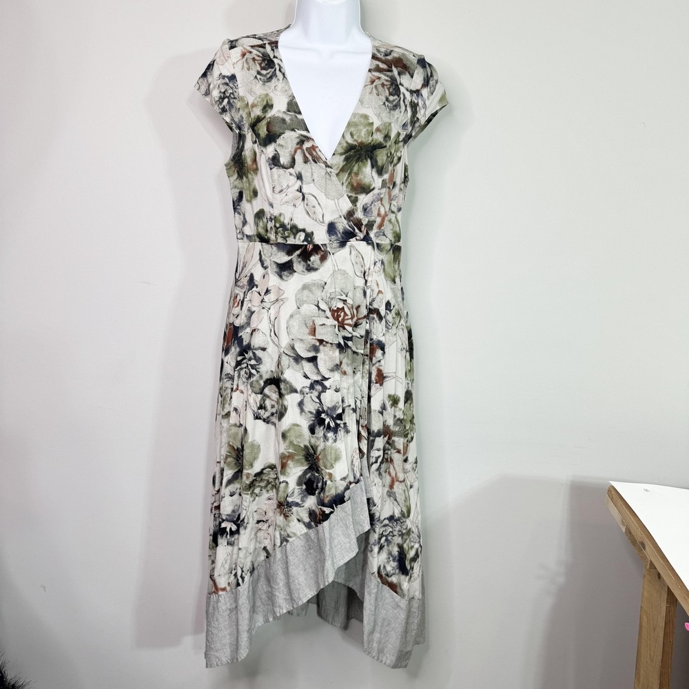 Mystree Dress Womens Medium Floral Print Surplice V Neck Maxi Asymmetrical Hem